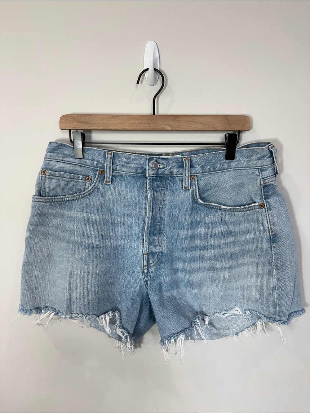 AGOLDE Parker Long High Rise Cutoff Denim Shorts Light Wash Size 30